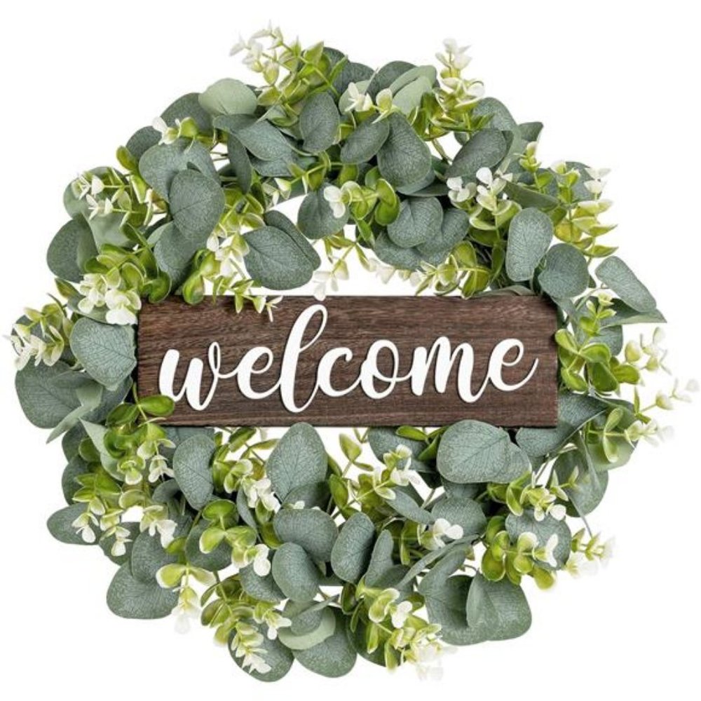 Welcome Sign Wreath 16'' Rustic Round Hanging Door Decor Outdoor Indoor